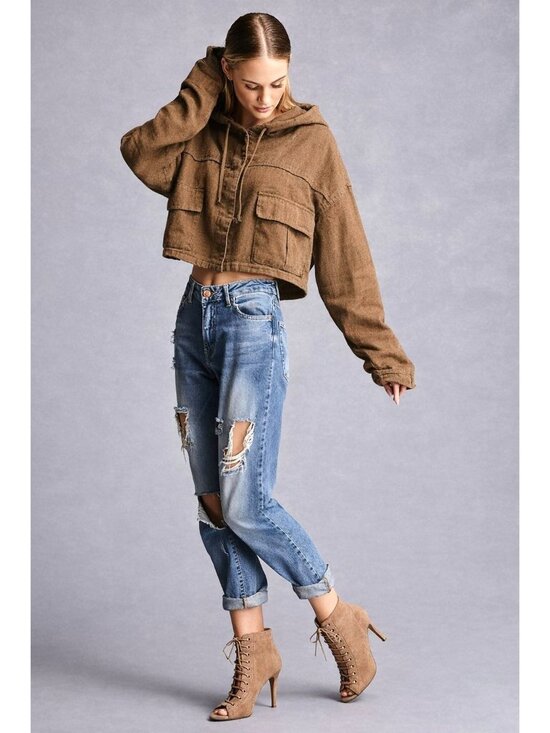 Forever 21 Jackets & Blazers - Forever 21 Medium Brown Hooded Jacket Cropped Utility Streetwear Grunge Core Y2K
